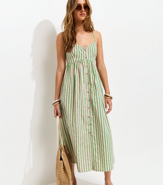 New Look Women's Green Striped Button Front V-Neck Cami Midi Dress New Look - 3