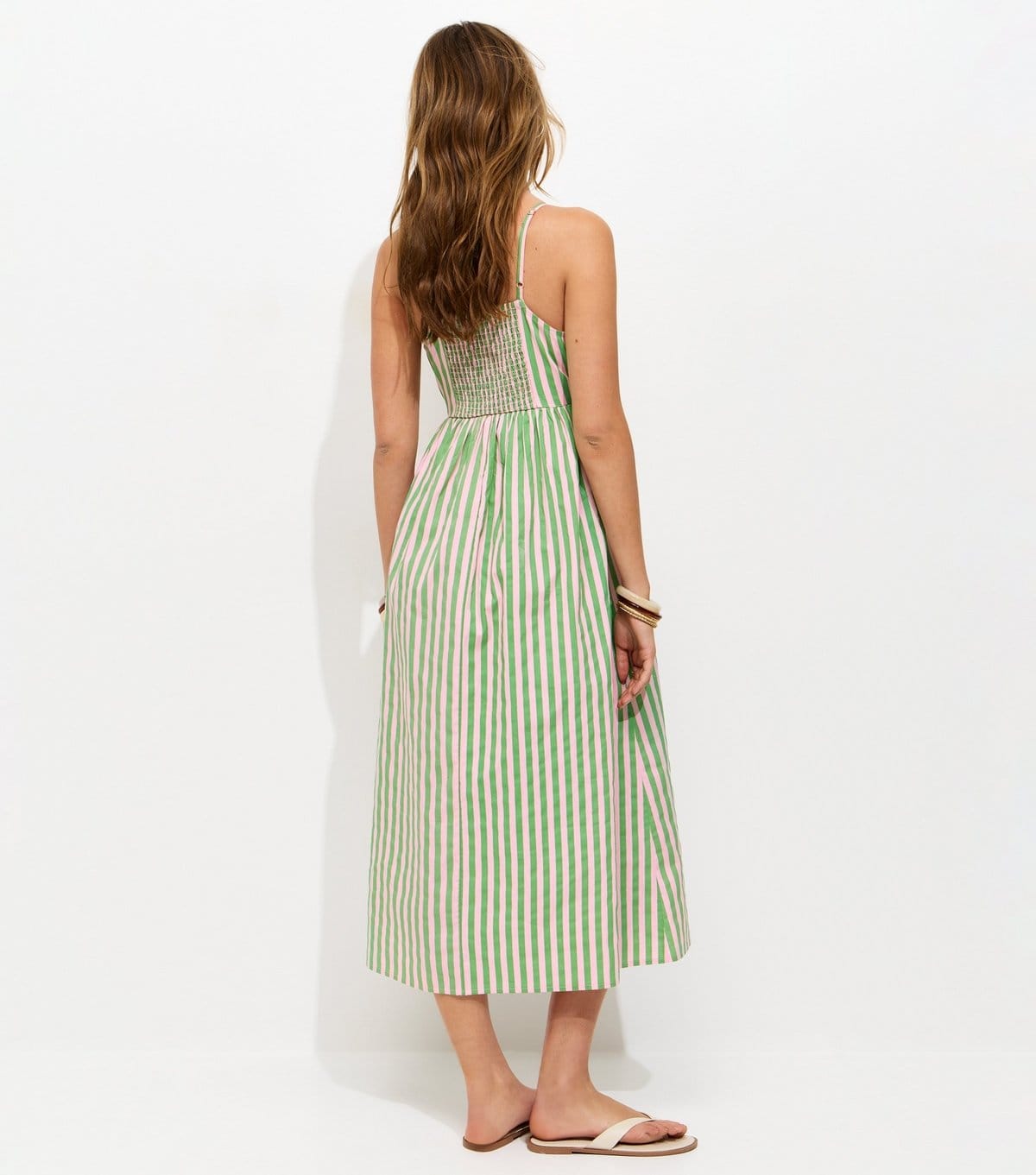 New Look Women's Green Striped Button Front V-Neck Cami Midi Dress New Look - 4