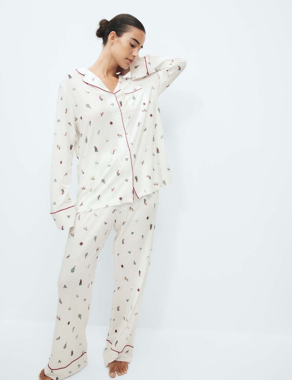 Marks & Spencer M&S Cotton Modal Printed Matching Family Christmas Pyjamas Ivory Mix