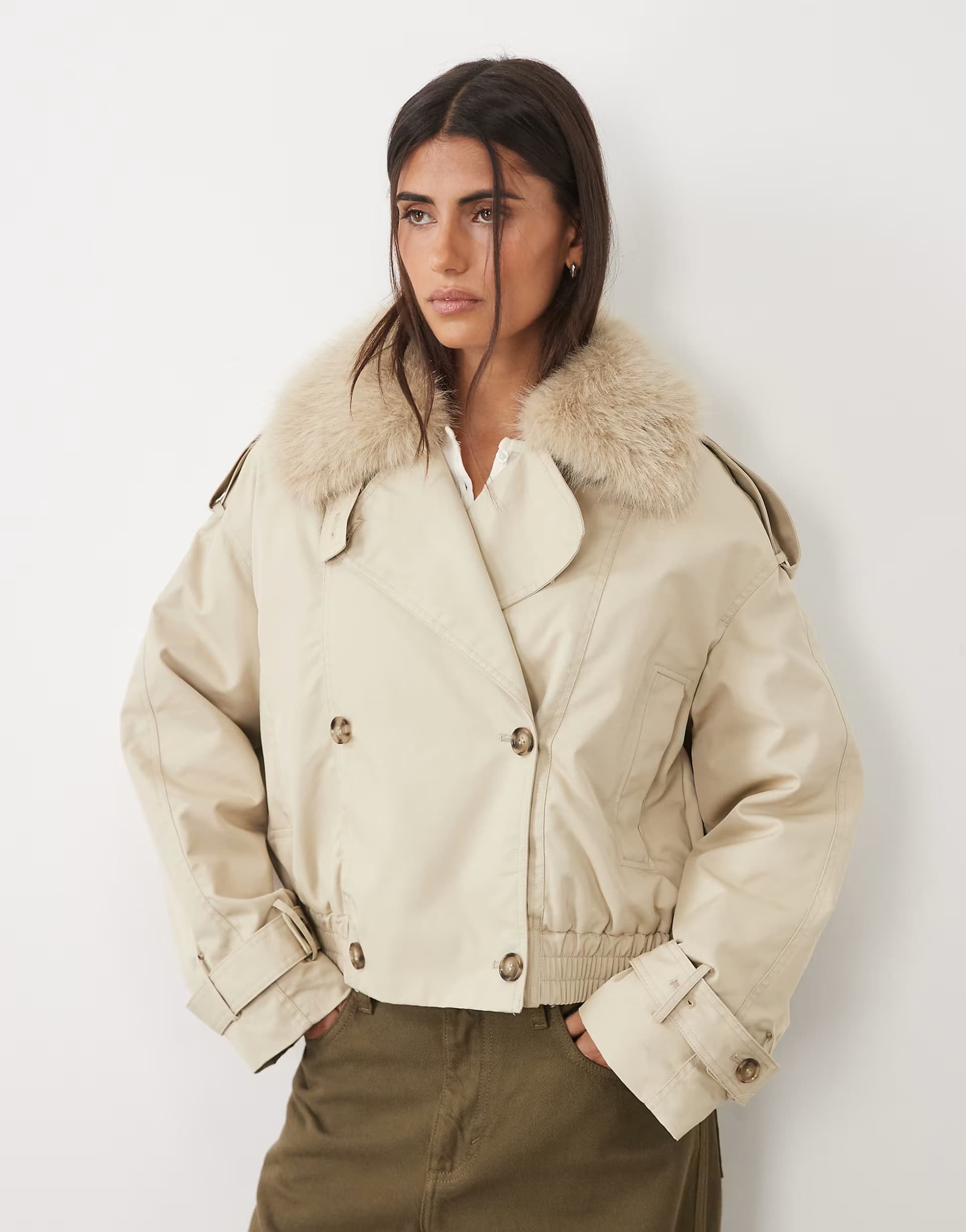ASOS Gina Tricot short faux fur collar jacket in beige