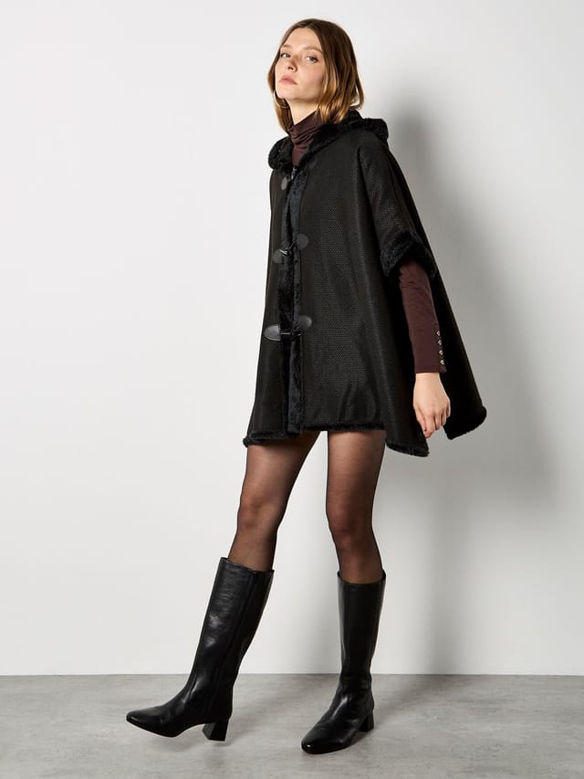 Apricot Apricot Women's Faux Fur Trim Waffle Knit Cape in Black - 2
