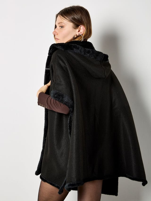 Apricot Apricot Women's Faux Fur Trim Waffle Knit Cape in Black - 3