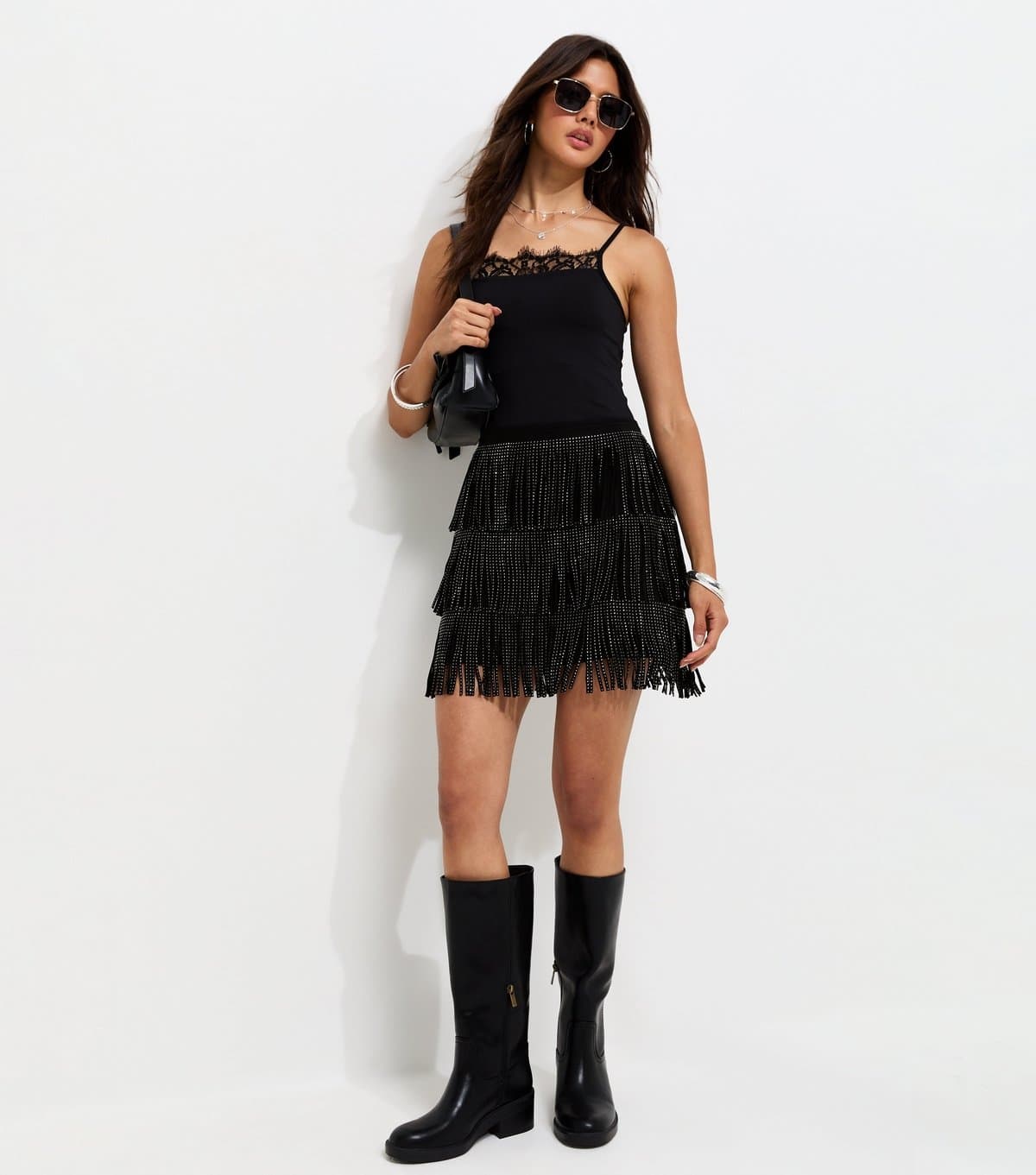 New Look Women's Black Faux Leather Gem Embellished Fringed Mini Skirt New Look