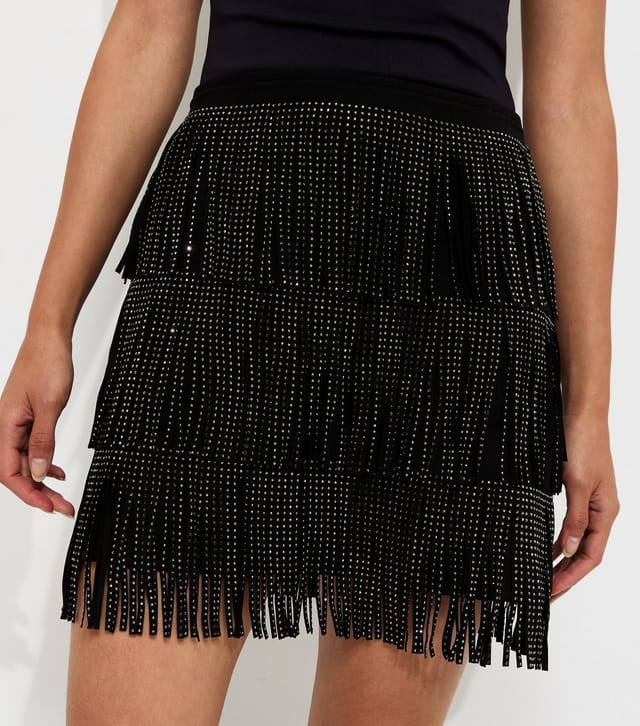 New Look Women's Black Faux Leather Gem Embellished Fringed Mini Skirt New Look - 2