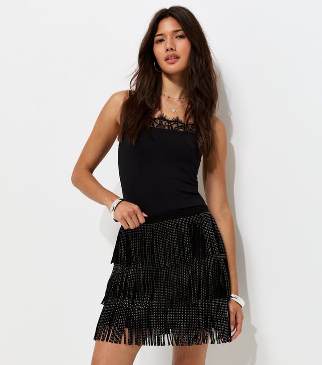 New Look Women's Black Faux Leather Gem Embellished Fringed Mini Skirt New Look - 3