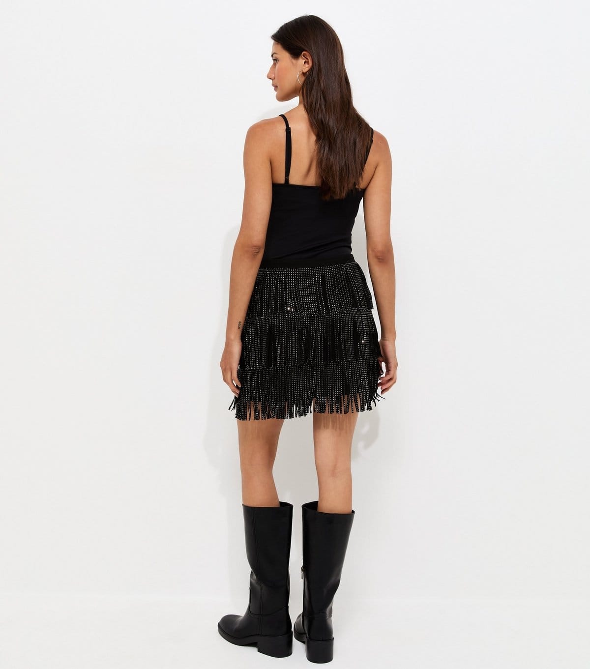 New Look Women's Black Faux Leather Gem Embellished Fringed Mini Skirt New Look - 4