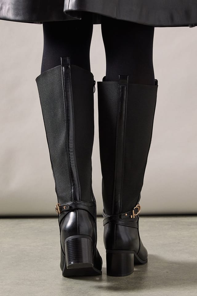 Wallis Wallis Women's Wide Fit Hills Faux Leather Stretch Mid Block Heel Knee Boots in Black - 2