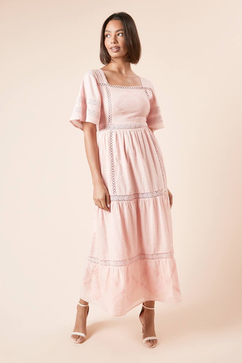 Dorothy Perkins Dorothy Perkins Women's Embroidered Front Angel Sleeve Midi Dress in Pink - 2
