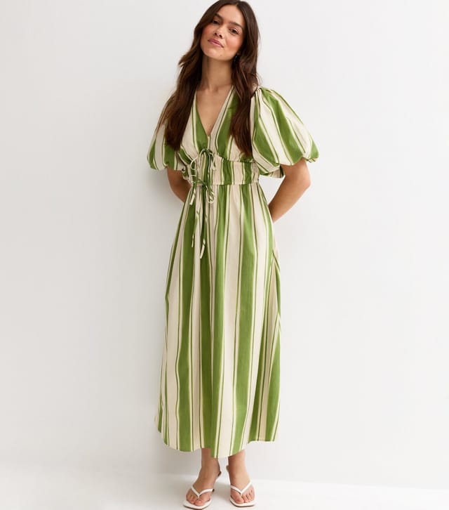New Look Women's Petite Green Stripes Puff Sleeve Midi Dress New Look - 2