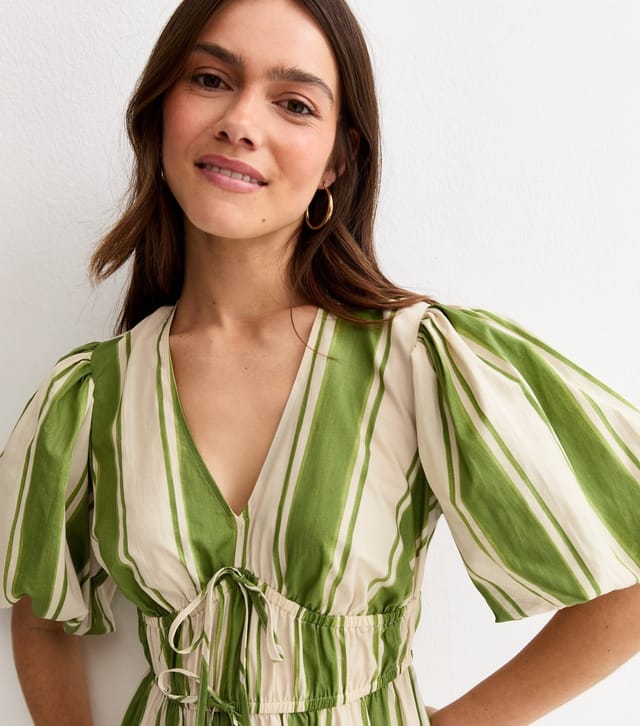 New Look Women's Petite Green Stripes Puff Sleeve Midi Dress New Look - 3