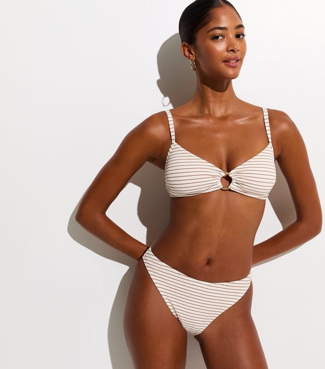 New Look Women's Brown Striped Crinkled High Leg Hipster Bikini Bottoms New Look - 2