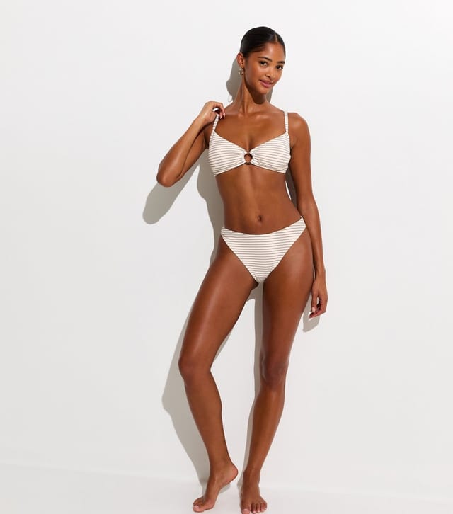 New Look Women's Brown Striped Crinkled High Leg Hipster Bikini Bottoms New Look - 3