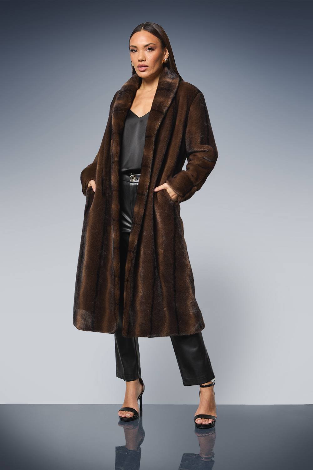 Principles Principles Women's Faux Fur Long Coat in Chocolate - 2