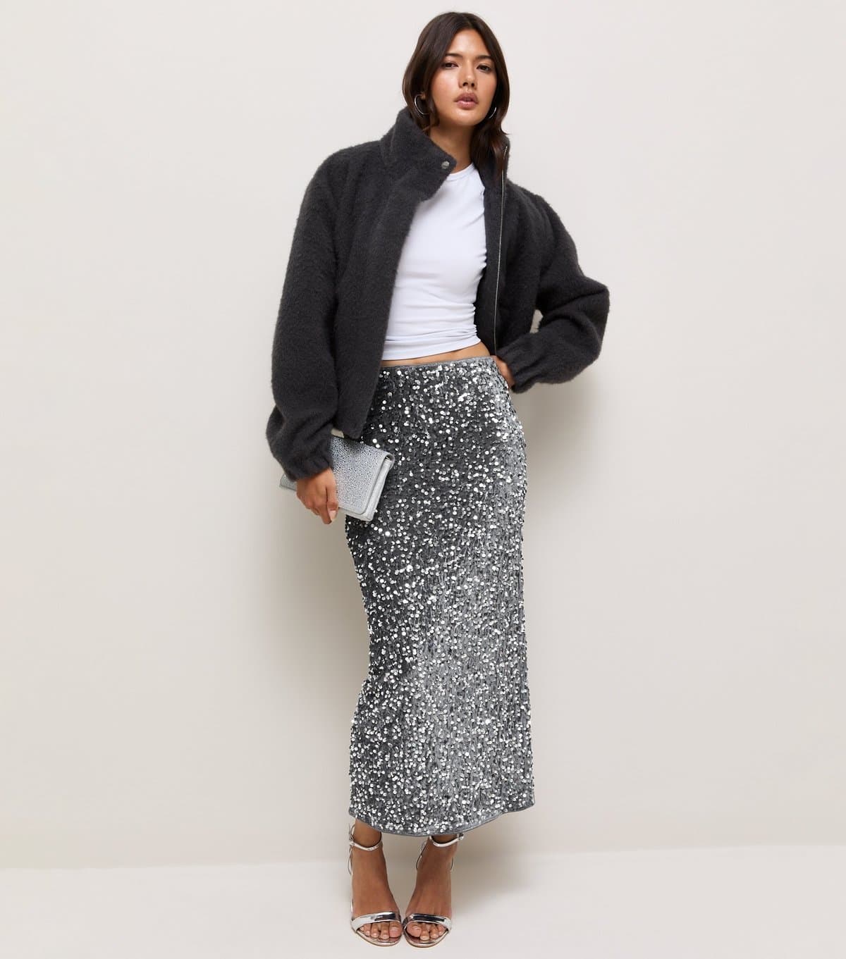 New Look Women's Silver Sequin Pencil Midi Skirt New Look