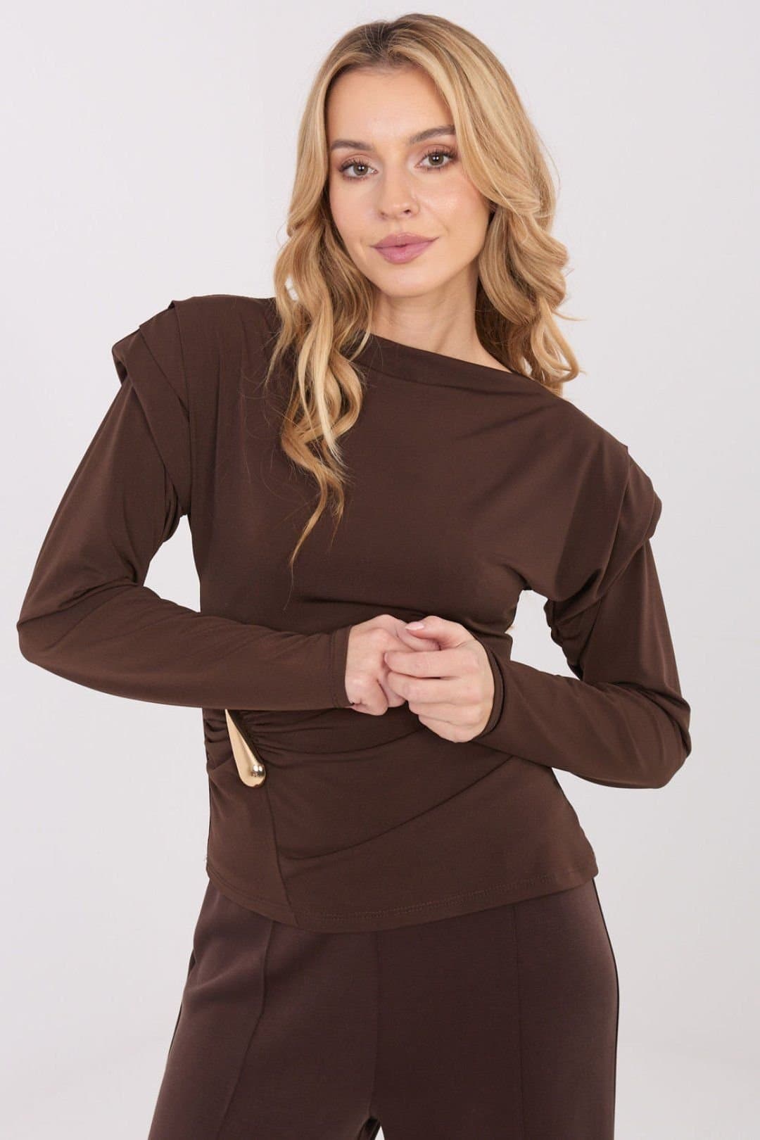 Love Lace Love Lace Women's Elegant Long Sleeve Boat Neck Blouse in Brown