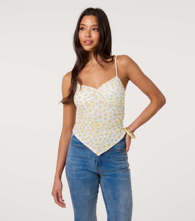 Pink Vanilla Women's Yellow Floral Mesh Ruched Cami Top Pink Vanilla New Look - 3