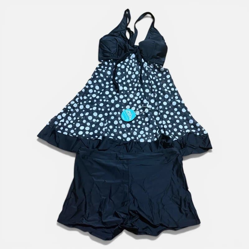 The Unbranded Brand tankini set polka dot black size 14 tummy control new padded holiday beach shorts