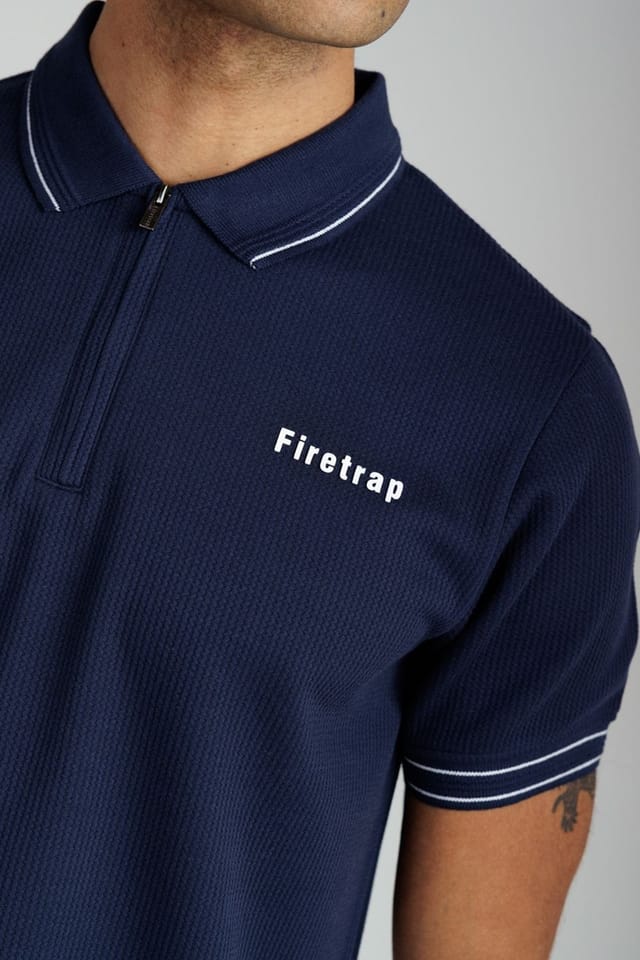 Firetrap Firetrap Men's Regular Fit Textured Zip Up Polo Shirt in Navy - 3
