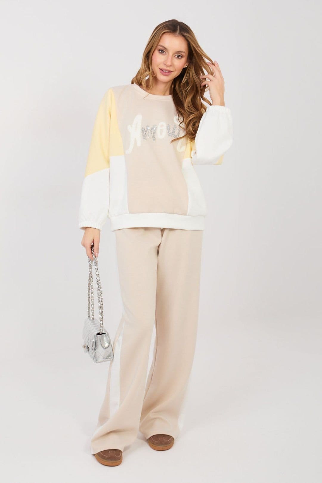 Love Lace Beige Butter Soft Wide Leg Sequin Track Set