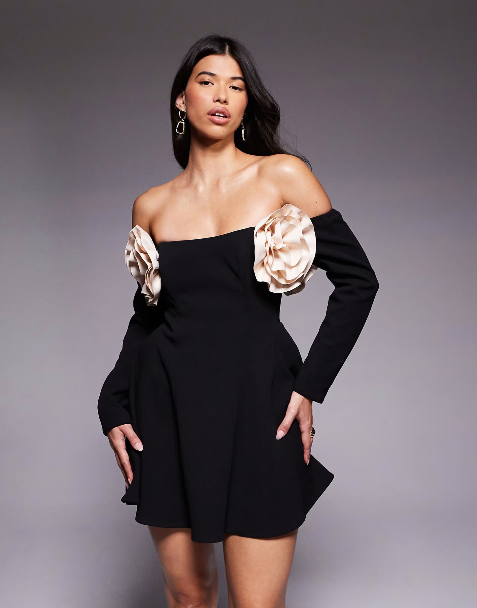 ASOS ASOS LUXE bardot mini skater dress with corsage details in black