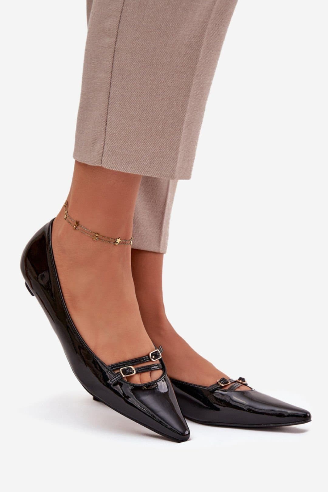 Love Lace Love Lace Women's Patent Ballet Flats with Pointed Toe & Gold Buckle Straps in Black