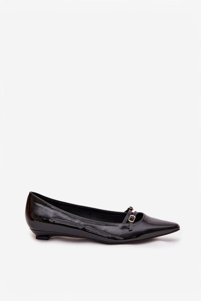 Love Lace Love Lace Women's Patent Ballet Flats with Pointed Toe & Gold Buckle Straps in Black - 2