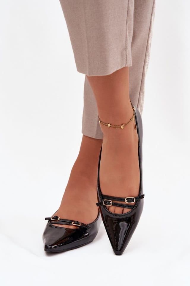 Love Lace Love Lace Women's Patent Ballet Flats with Pointed Toe & Gold Buckle Straps in Black - 3