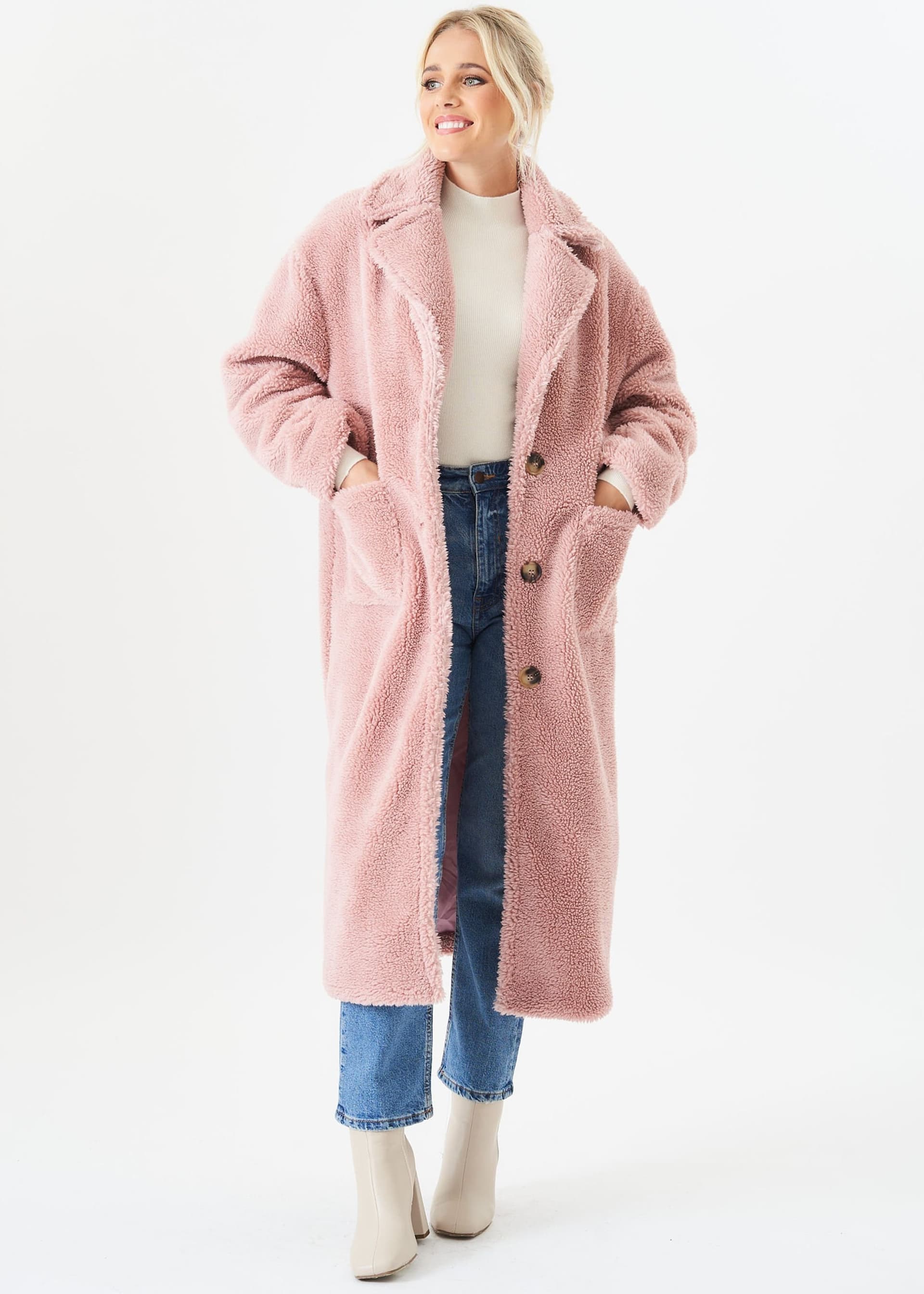 Gini London Gini London Women's Blush Longline Teddy Coat in Light Pink