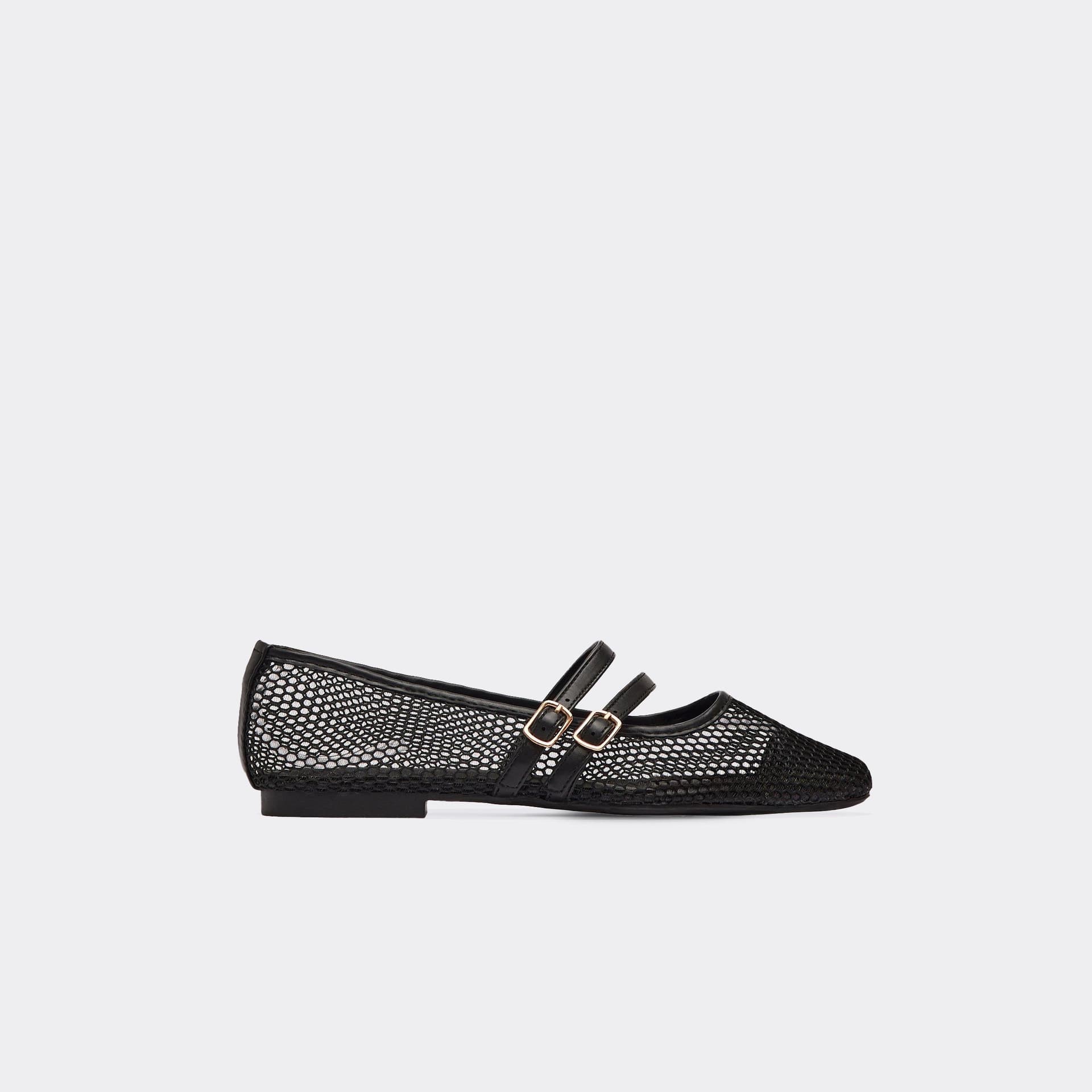EGO Lettie Double Buckle Strap Mesh Detail Flat Ballet Pump In Black Faux Leather, Women's Size UK 3