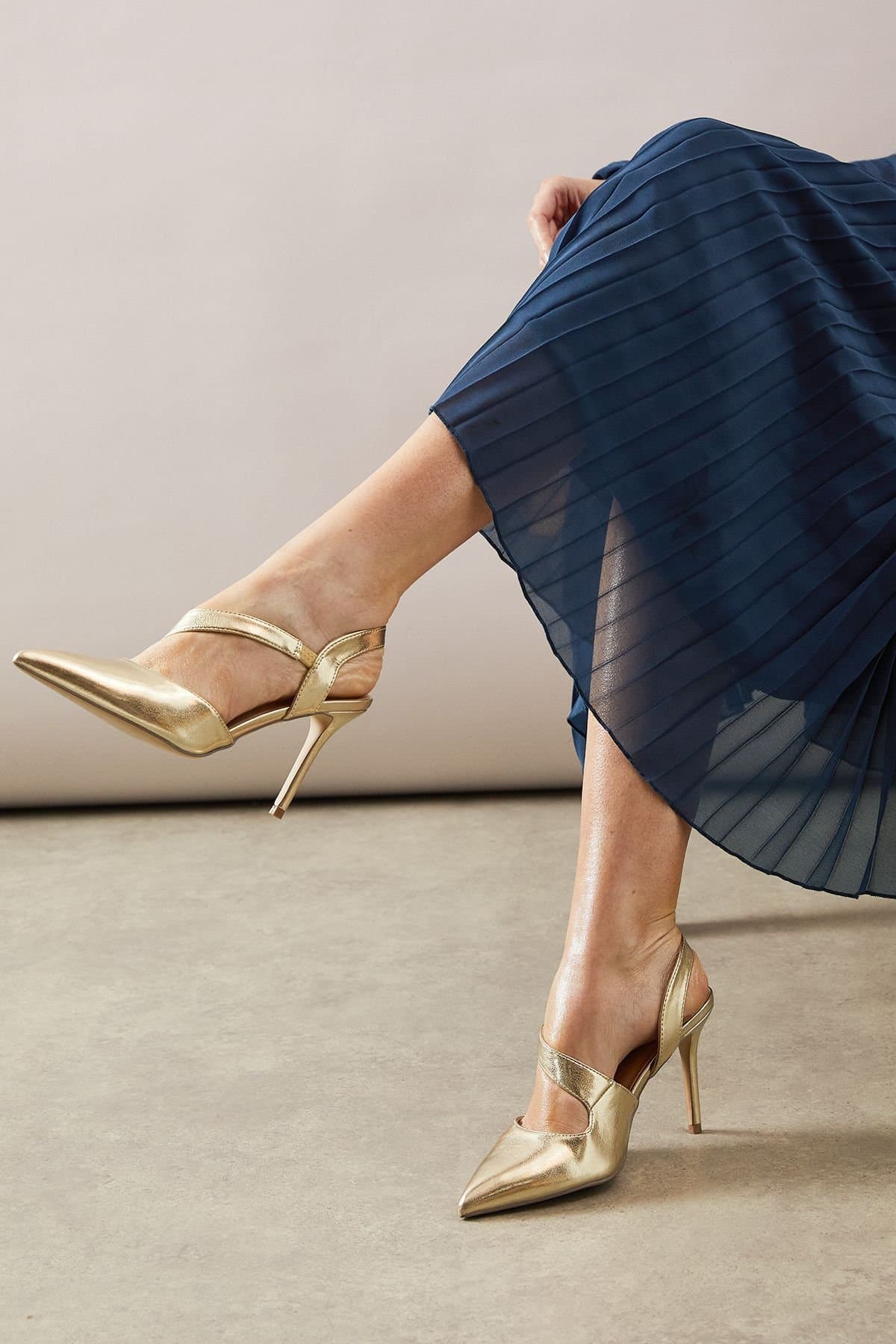 Wallis Wallis Women's Wide Fit Everly Asymmetric Pointed Stiletto High Heel Court Shoes in Gold