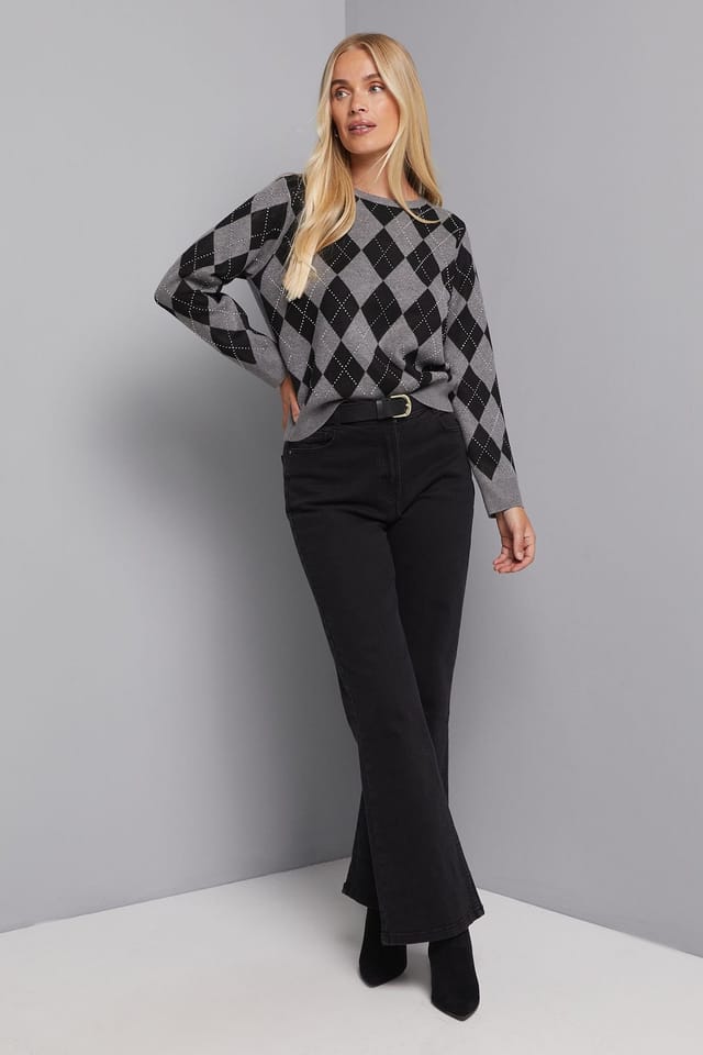 Wallis Wallis Women's Petite Sequin Argyle Crew Neck Jumper in Mono - 2