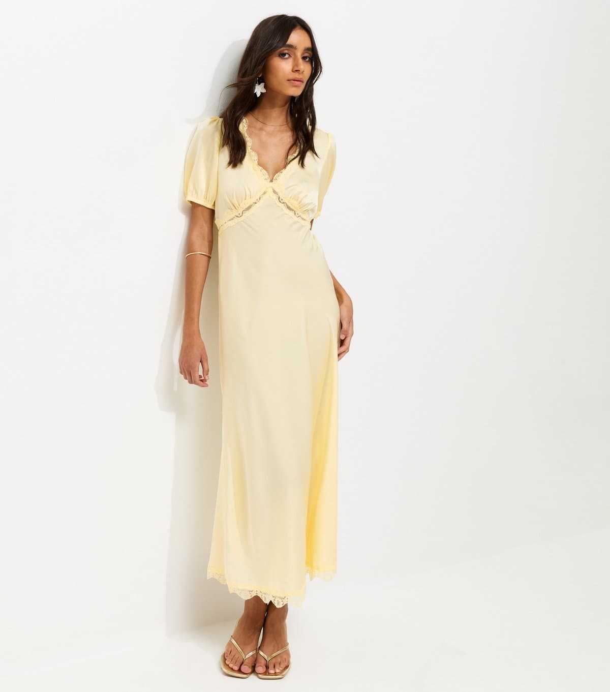 New Look Women's Light Yellow Satin Lace Trim Tea Midi Dress New Look