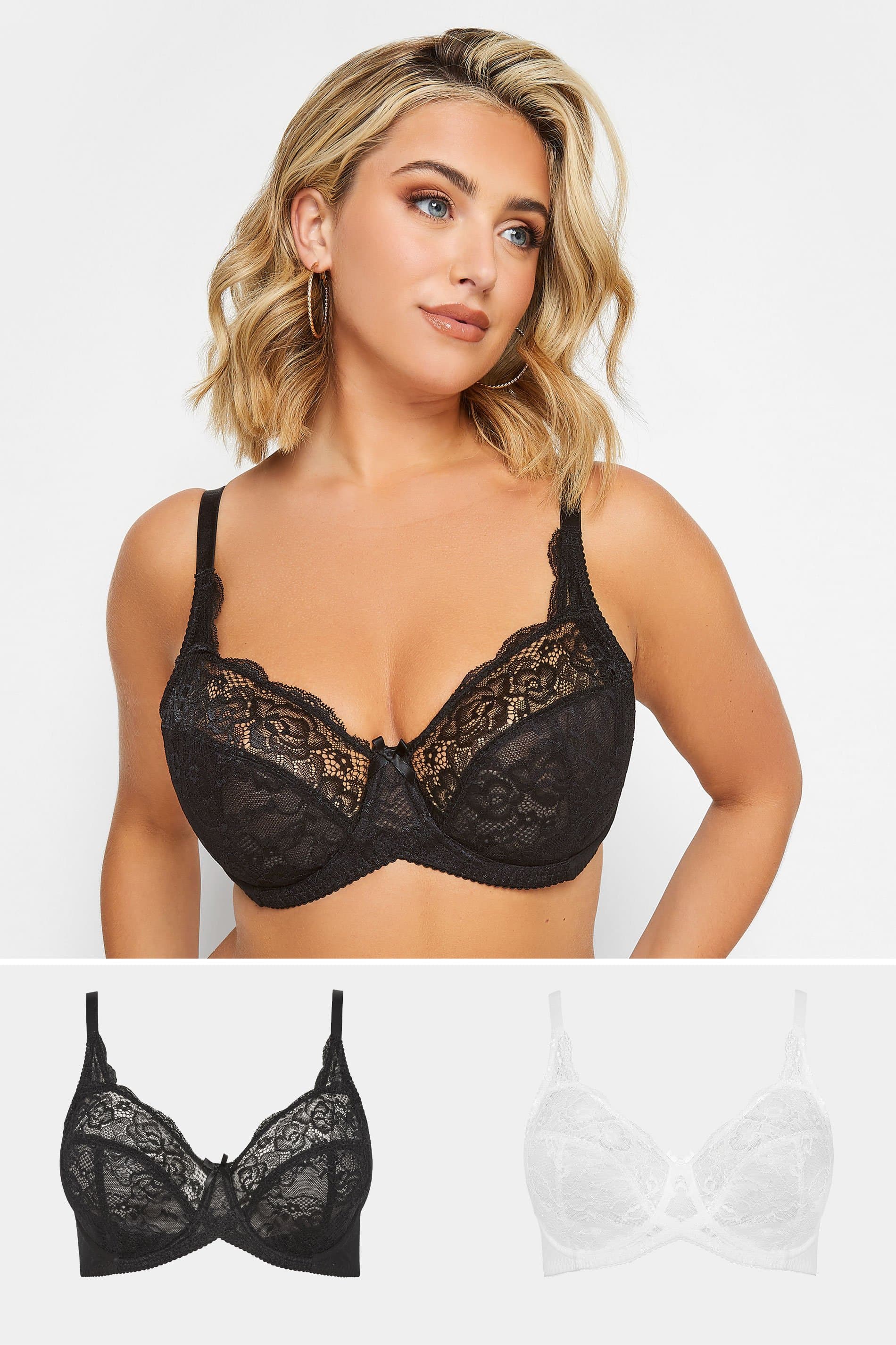 Yours Plus Size 2 Pack Black & White Stretch Lace Nonpadded Underwired Balcony Bras