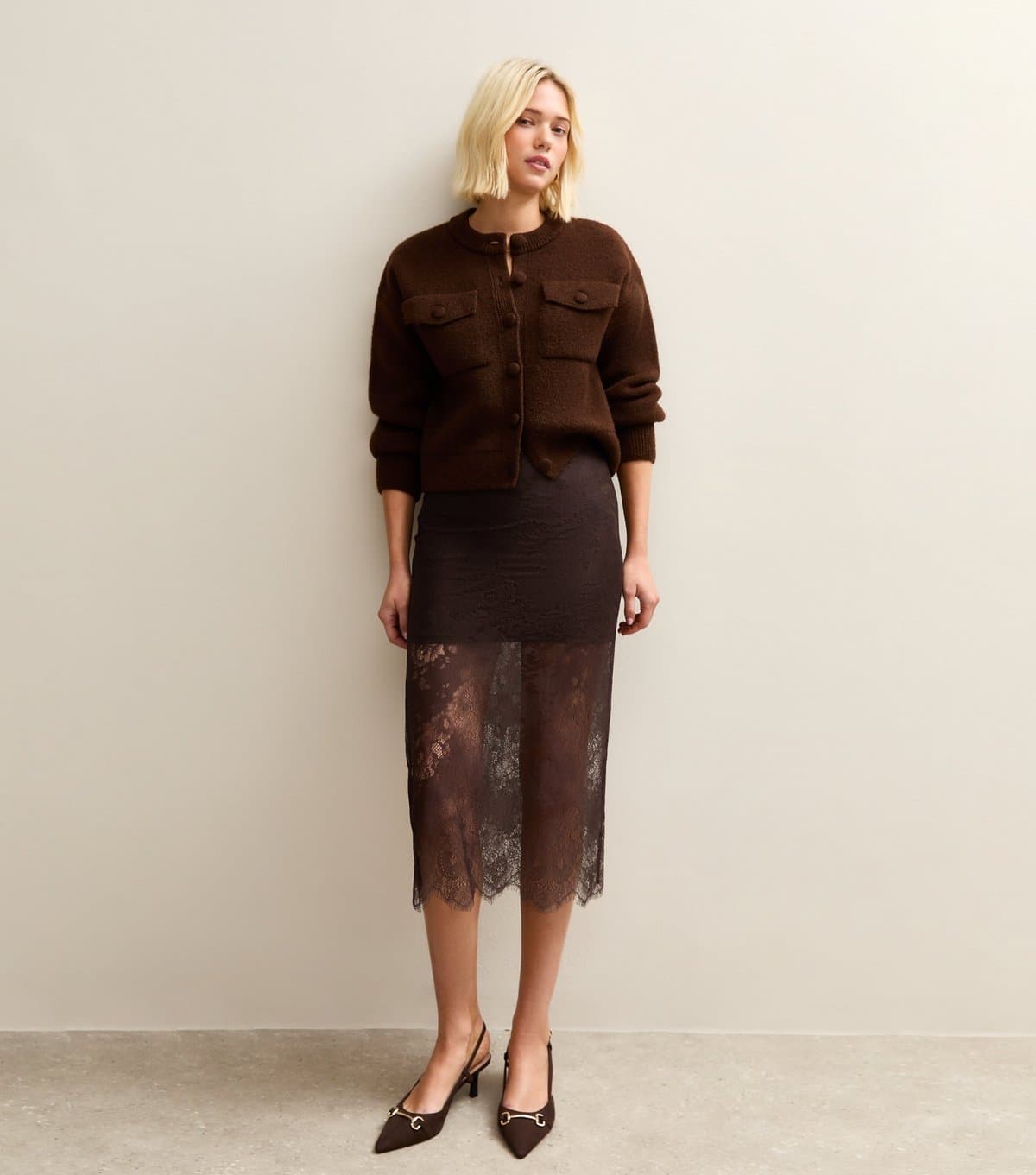 New Look Women's Dark Brown Lace Midi Skirt New Look
