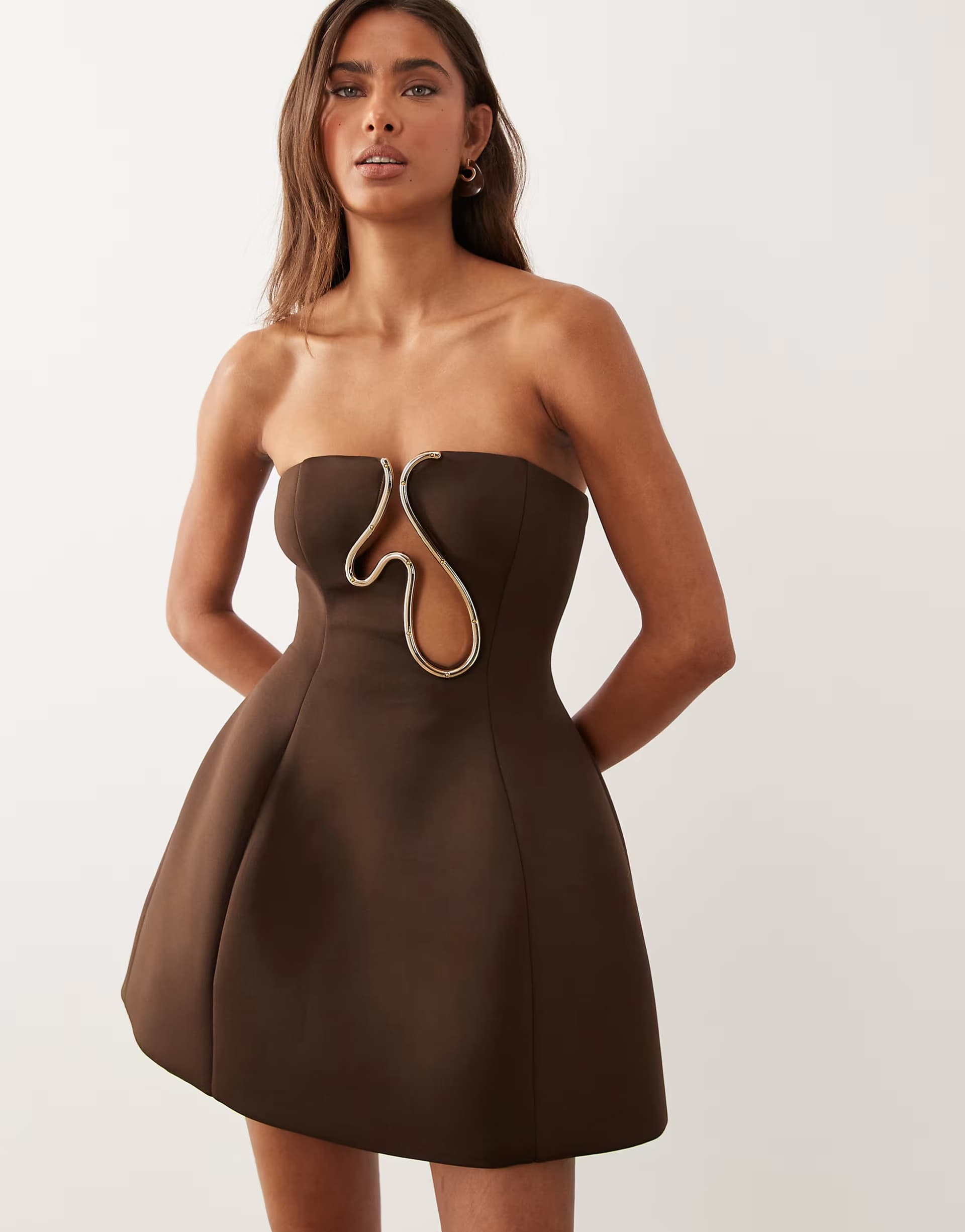 ASOS ASOS DESIGN Premium bandeau sculpted mini dress with gold trim in chocolate