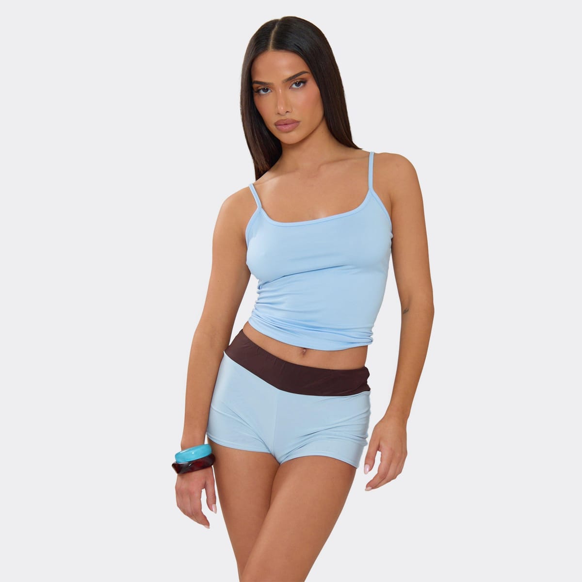 EGO Mid Rise Colour Block Waistband Hotpant Shorts In Blue, Women's Size UK 6 - 1