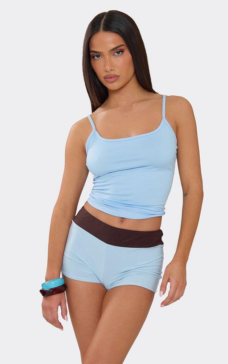 EGO Mid Rise Colour Block Waistband Hotpant Shorts In Blue, Women's Size UK 6 - 2