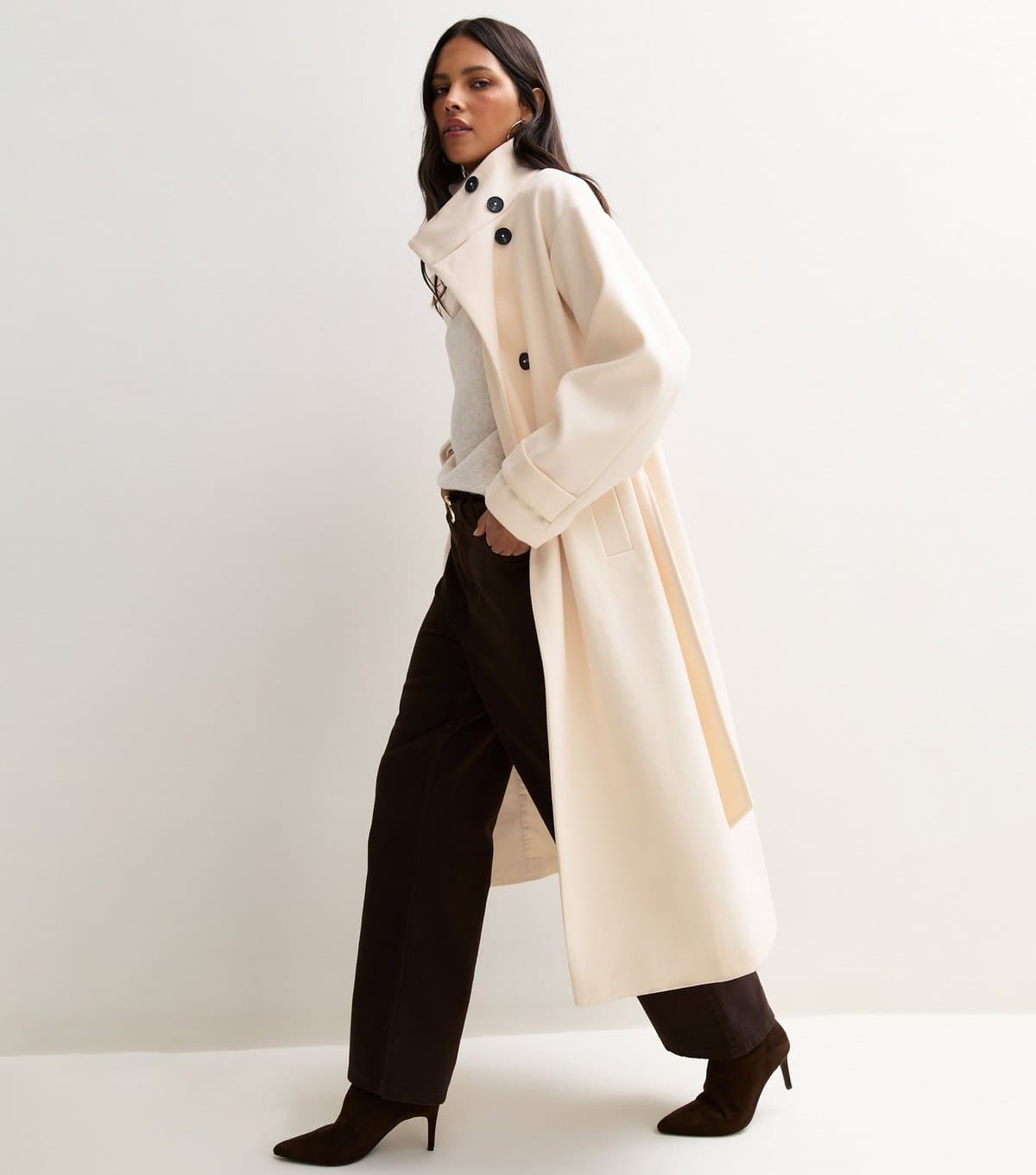 New Look Women's Off White Funnel Neck Button Up Belted Longline Coat New Look