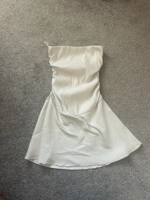 Bershka Bershka cream striped ruched waist off shoulder dress size XS