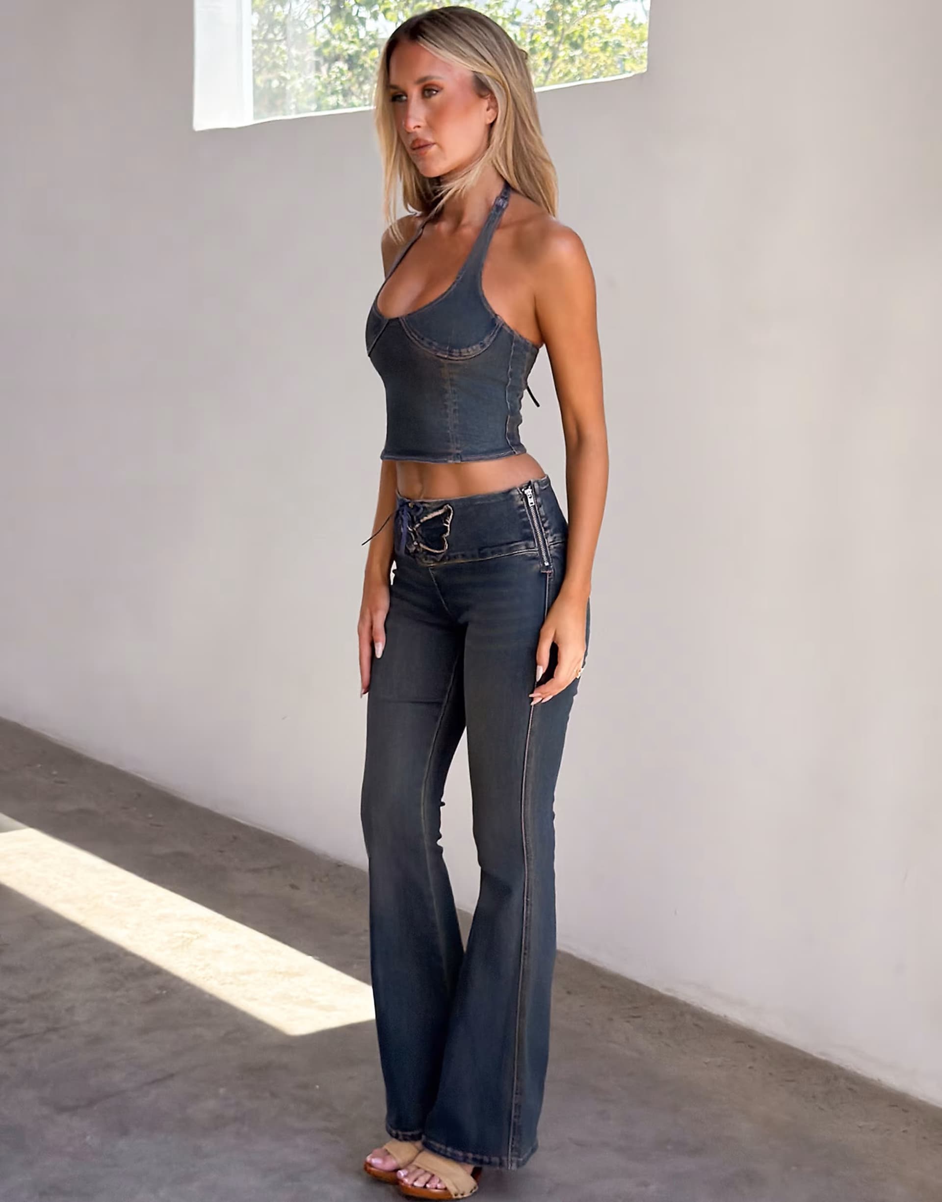 ASOS Tiger Mist Riona denim halterneck cup detail crop top and flare jeans co-ord in blue vintage wash