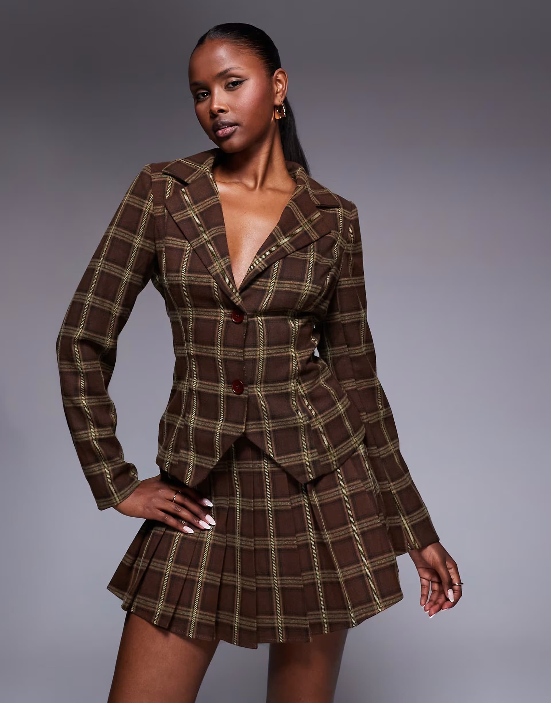 ASOS Kaiia exclusive 90s heritage check fitted blazer co-ord in brown