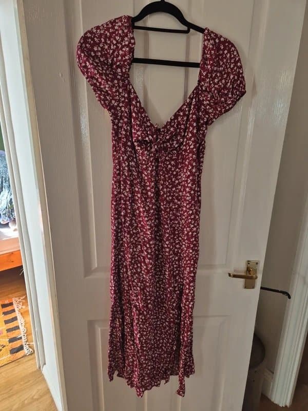 Bershka Bershka Burgundy Floral Midi Dress UK 16-18 Off-Shoulder
