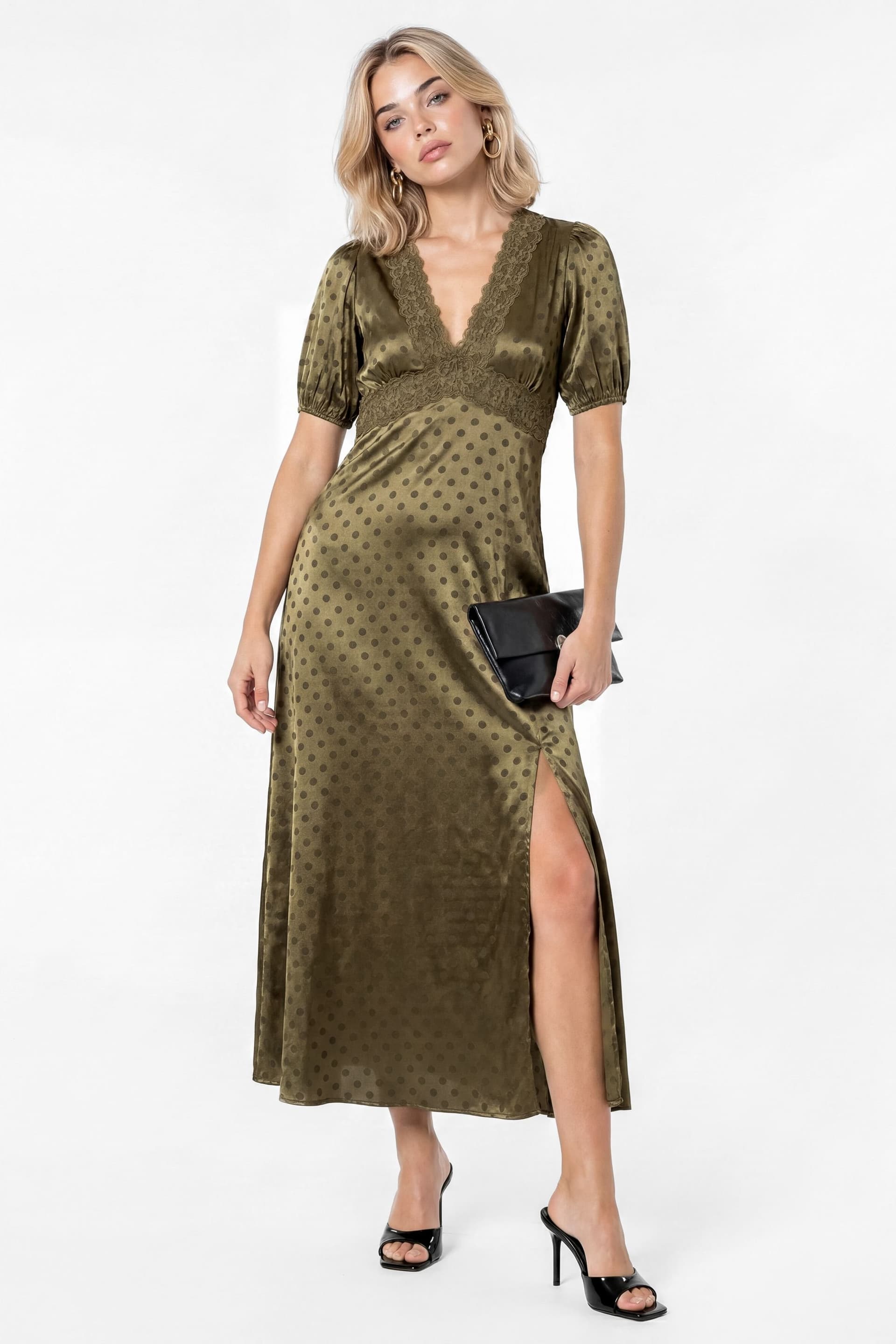 Lovedrobe Lovedrobe Women's Lace Trim Polka Dot V Neck Midaxi Dress in Olive