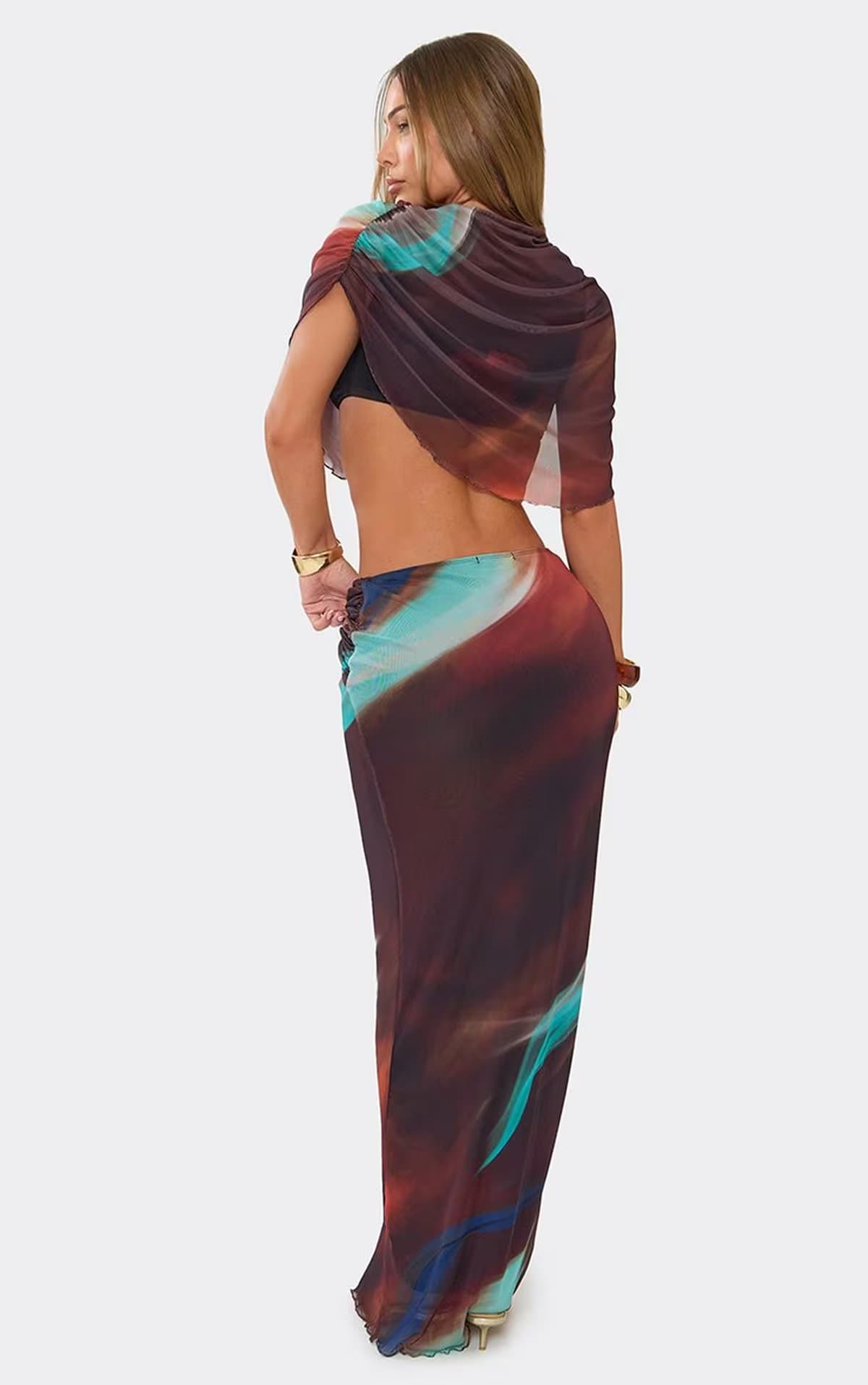 EGO Low Waist Drape Detail Maxi Skirt In Brown Abstract Print Mesh, Women's Size UK 6