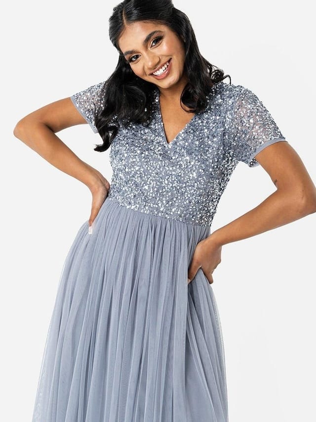 Maya Deluxe Maya Deluxe Women's Short Sleeve V Neck Embellished Maxi Dress in Blue - 2