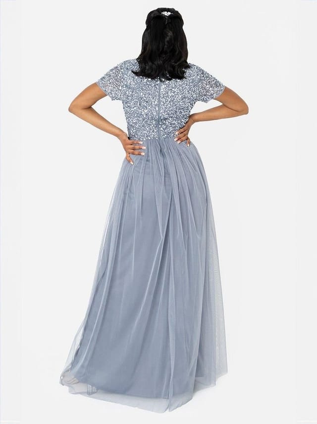 Maya Deluxe Maya Deluxe Women's Short Sleeve V Neck Embellished Maxi Dress in Blue - 3