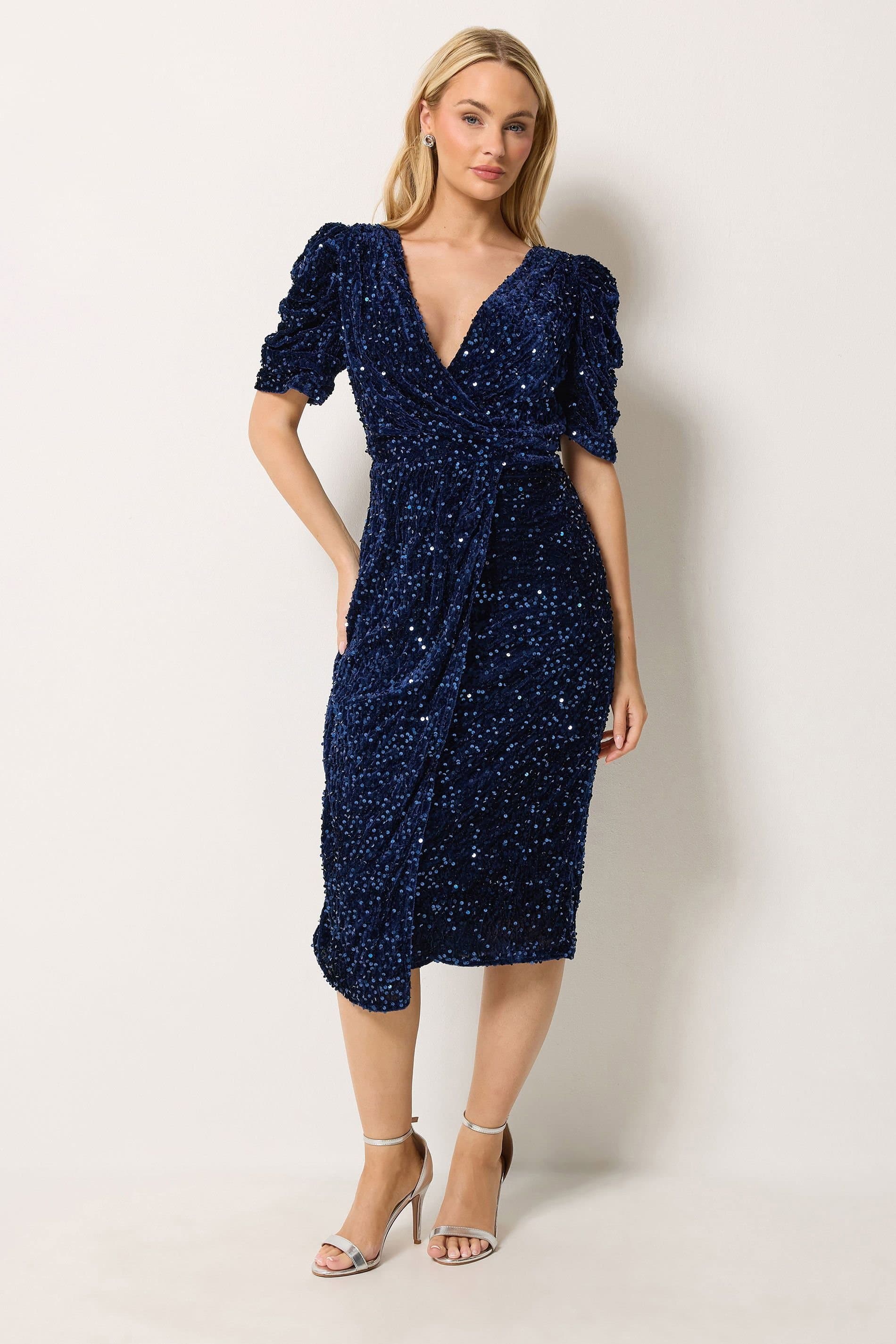 M&Co M&Co Women's Velvet Short Sleeve Sequin Wrap Dress in Dark Navy