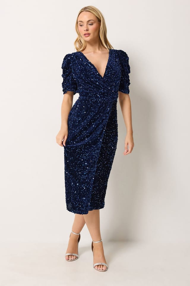 M&Co M&Co Women's Velvet Short Sleeve Sequin Wrap Dress in Dark Navy - 2