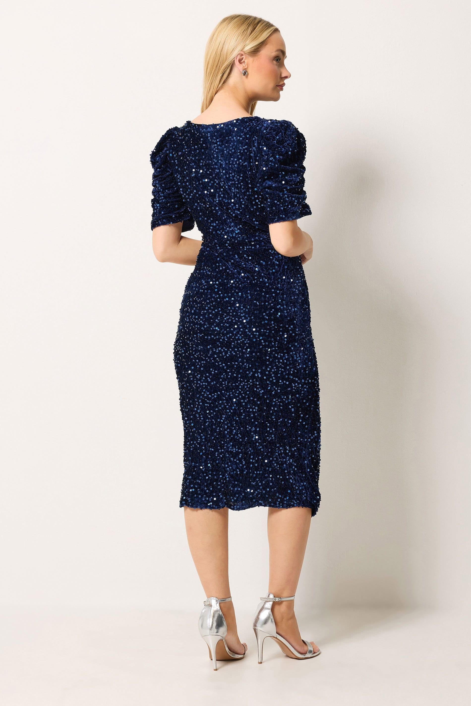 M&Co M&Co Women's Velvet Short Sleeve Sequin Wrap Dress in Dark Navy - 4