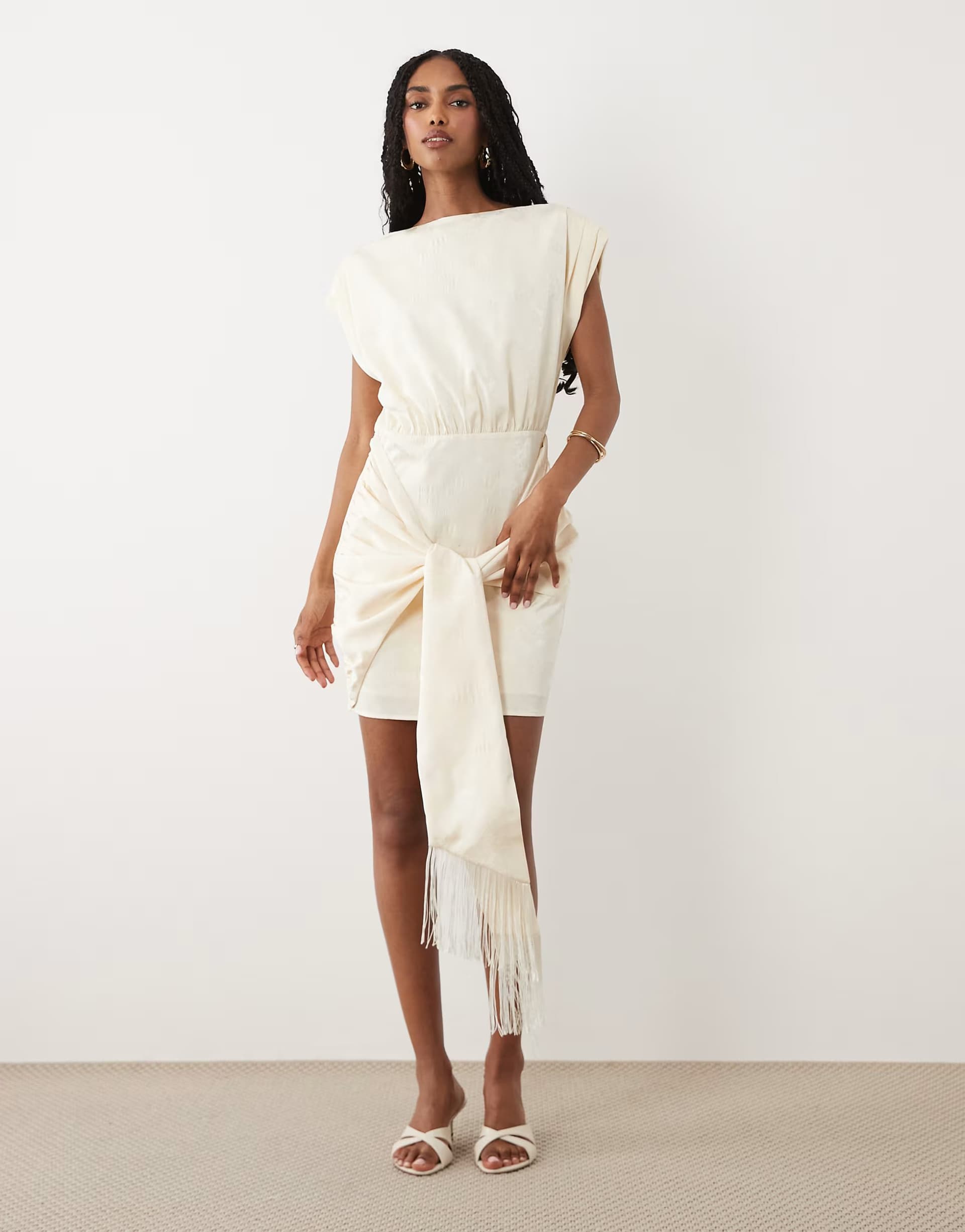 ASOS Pretty Lavish Hattie jacquard cap sleeveless fringe tie detail mini dress in cream